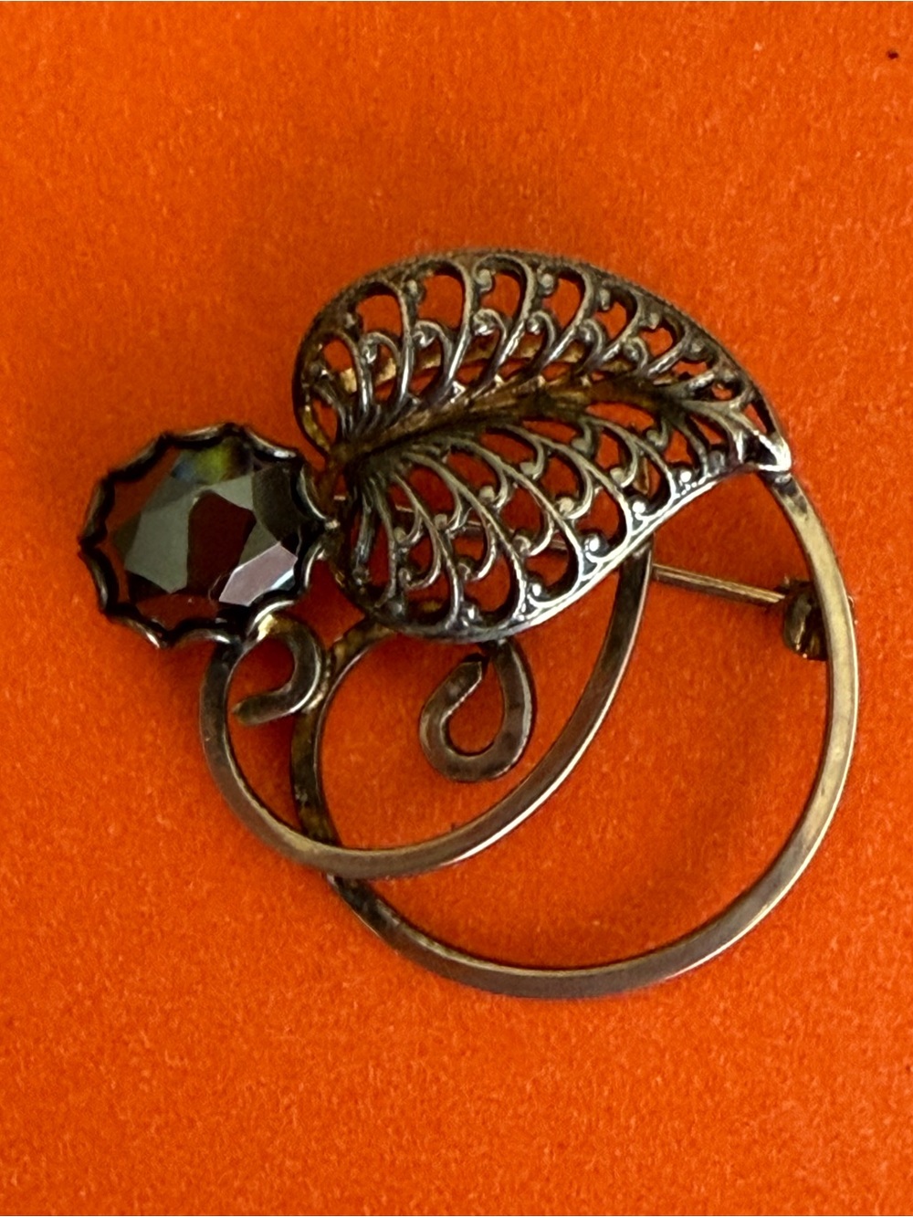 Sterling silver Hematite leaf pin brooch vintage